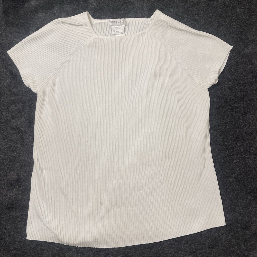 Pierre Cardin Sweater Womens Sz M White Ribbed Knit 100% Cotton Short Sleeve VTG